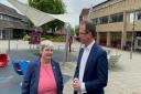 Councillor Pauline Jorgensen, Conservative parliamentary candidate for Earley and Woodley, and Matthew Barber re-elected Conservative police and crime commissioner for the Thames Valley in a visit to Woodley. Credit: Conservative Party