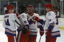 Slough Jets celebrate one of their seven goals in the 7-1 win against Swindon Wildcats 2s on Saturday.