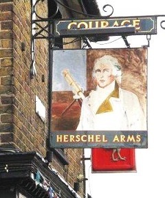 Close-up view of the Herschel Arms pub sign, 2016