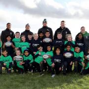 London Irish stars with school students during a Premiership Rugby Champions app training session. PHOTO: Cameron Geran/PPAUK.