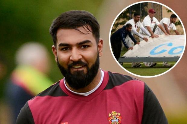Slough star Daniyal Akhtar carried his bat for an unbeaten century in the abandoned match at Horspath on Saturday. Inset; the covers go on at Ricketts Field in the abandoned game between Cookham Dean and Chesham.