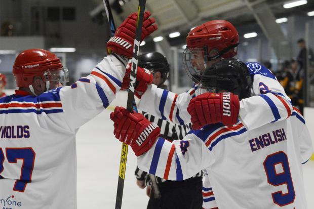 Slough Jets celebrate one of their seven goals in the 7-6 overtime win against Chelmsford Chieftains at The Hangar on Saturday. PHOTOS: Paul Johns.
