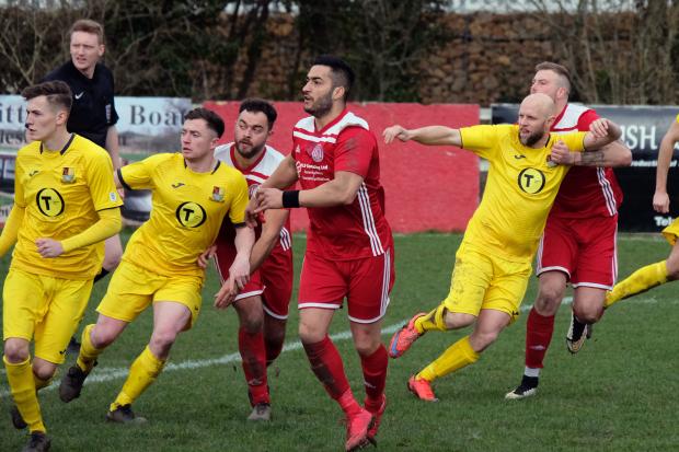There was nothing to separate Holyport (yellow) and Risborough Rangers (red) in a goalless draw at the B.E.P Stadium in the Hellenic League Division One East on Saturday. PHOTOS: Andrew Batt / Football In Berkshire