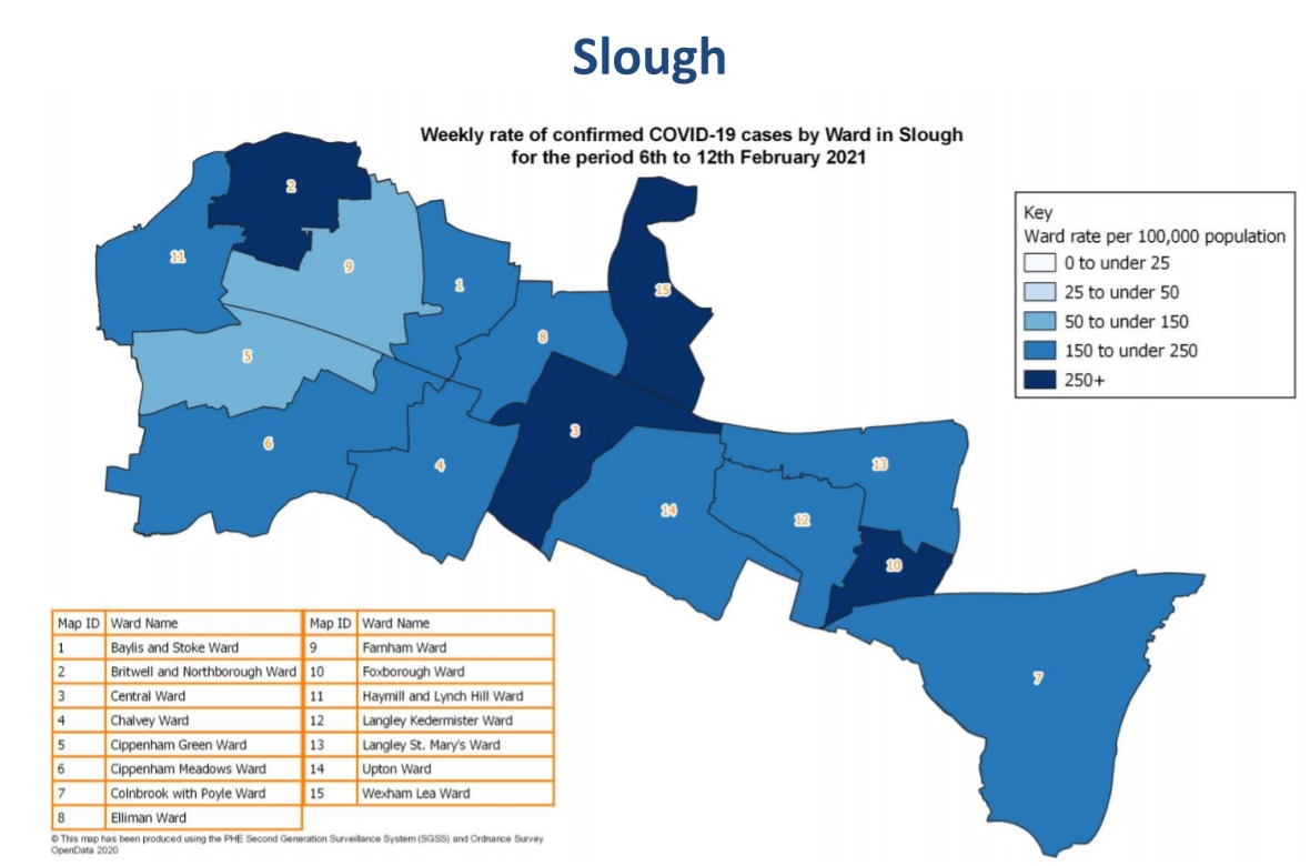 Covid-19 cases by Slough ward