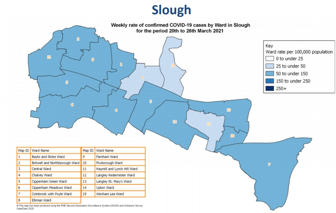 Covid-19 cases by Slough ward