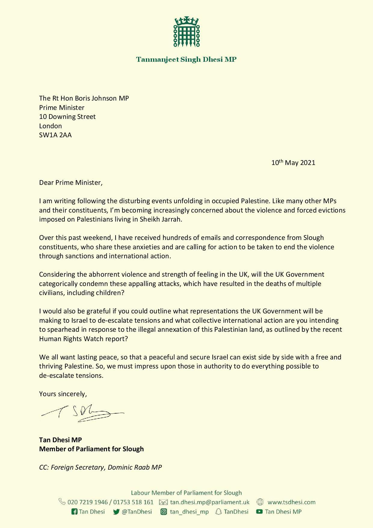Tan Dhesi\s letter to Boris Johnson