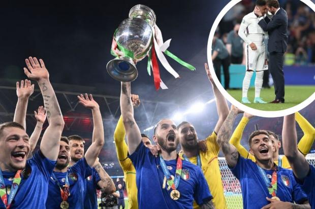 Captain Leonardo Bonucci leads Italy’s celebrations after beating England in the final of Euro 2020 (Credit: PA)