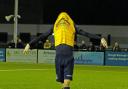 Slough Town striker Daniel Roberts pulls his shirt over his head in frustration after seeing his shot come back off the post during the 3-2 defeat against Concord Rangers in the FA Trophy on Tuesday night. PHOTOS: Mike Swift. 191171.