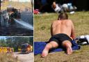 Left: Wildfires in Yateley and Sulham Woods photographed by Paul King and Sabrina Scott, and right, a sunbather in Forbury Gardens, Reading, photographed by Paul King