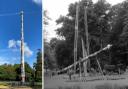 Totem pole in 2024 (left) and the totem pole being raised in 1958 (right)