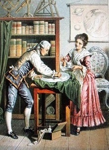 Caroline Herschel offers William a cup of tea whilst he is grinding a metal mirror