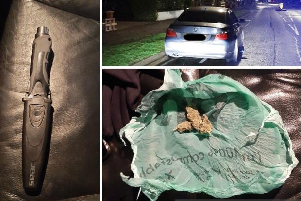 Pictures of a knife and cannabis found in a car stopped by police