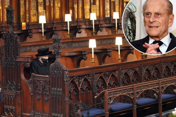Queen Elizabeth II after taking her seat for the funeral of her husband, the Duke of Edinburgh, in St George's Chapel, Windsor Castle on April 17.