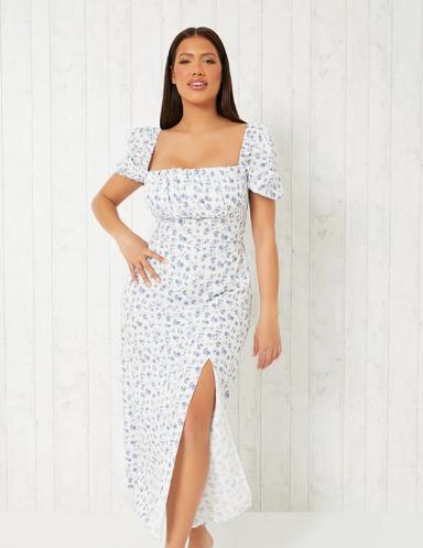 Slough Observer: Blue Floral Print Square Neck Short Puff Sleeve Midi Dress. Credit: I Saw It First
