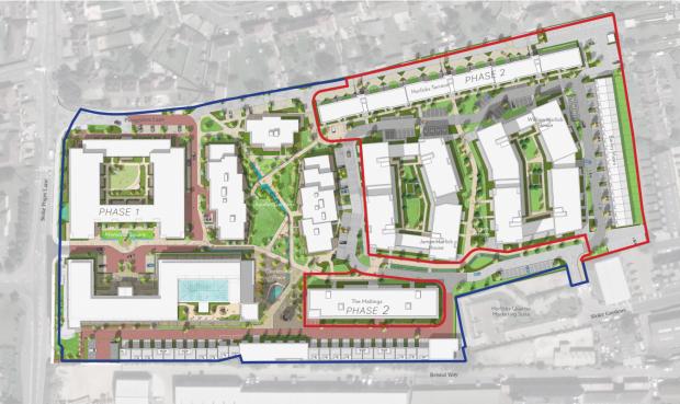 Slough Observer: Site layout.  Phase two is highlighted in red while phase one is highlighted in blue