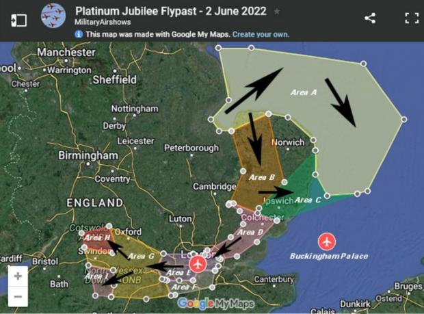 Slough Observer: The map of the areas the formation will fly over. Credit: Military Airshows