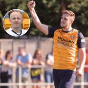 Slough Town striker Ben Harris scored his 11th goal of the season during the 2-1 win at Hampton & Richmond Borough in the National League South on Tuesday. Inset; keeper Jack Turner made his 150th appearance for the Rebels in the victory.