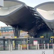 Slough Bus Station after a fire on October 29 which melted much of the cladding on its ‘tail’ and led to police launching an arson investigation