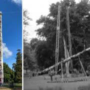 Totem pole in 2024 (left) and the totem pole being raised in 1958 (right)