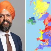 Slough MP Tan Dhesi (L) will keep his seat at the next general election, according to research by Electoral Calculus (R)