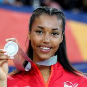 England and WSEH Athletics Club star Morgan Lake celebrates with the silver medal won in the high jump at the Commonwealth Games. Martin Rickett/PA Wire.