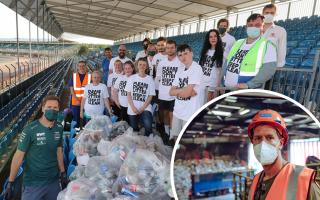 Sebastian Vettel is pictured with a team of litter pickers at Silverstone after Sunday’s race, including Grace Grundon (second from left). © Jakob Ebrey/Silverstone