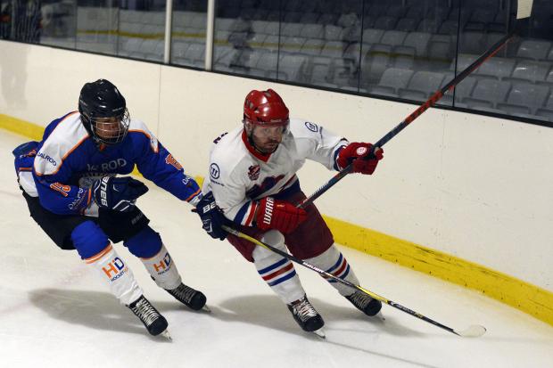 Slough Jets (white and red) beat Peterborough Phantoms 8-5 at the Slough Ice Rink on Saturday.