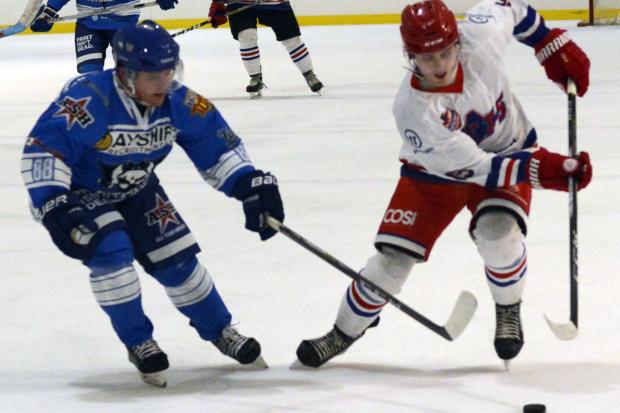 Slough Jets (white and red) beat Bristol Pitbulls 5-4 in overtime at the Slough Ice Arena on Saturday.