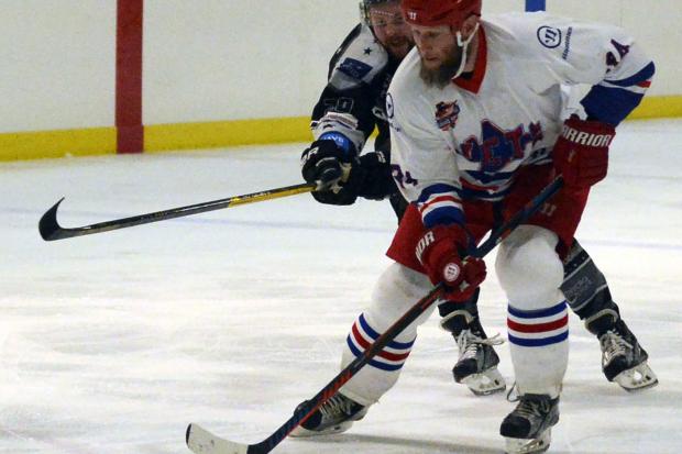 Slough Jets (white) suffered a 5-4 defeat in overtime against Oxford City Stars in the National Ice Hockey League